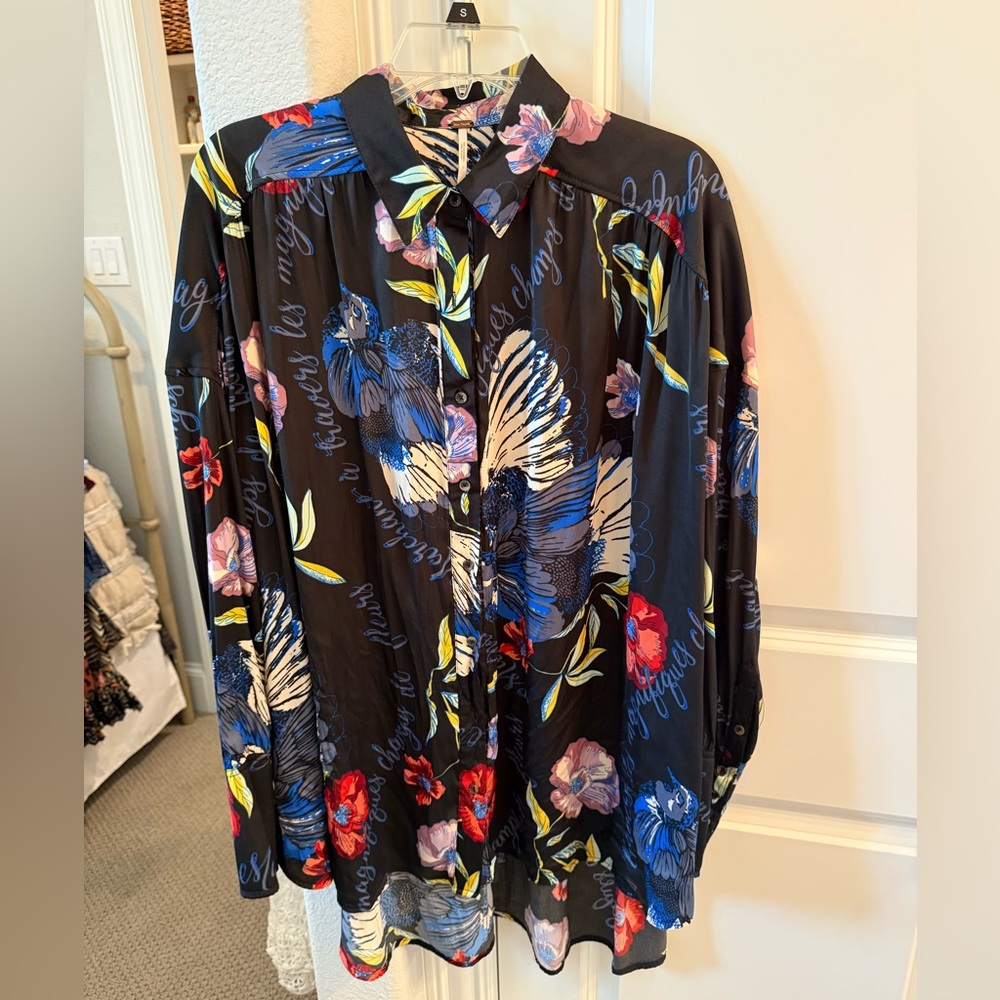 Free People Black Shirt with Floral and Bird Design
